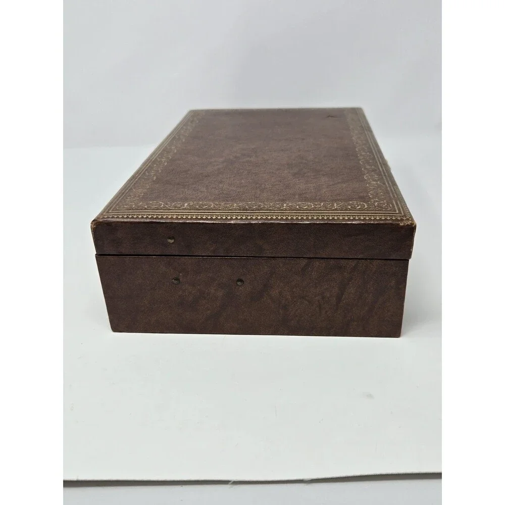 VINTAGE MELE TWO TIER BROWN FAUX LEATHER JEWELERY BOX GOLD FILIGREE CREAM VELVET